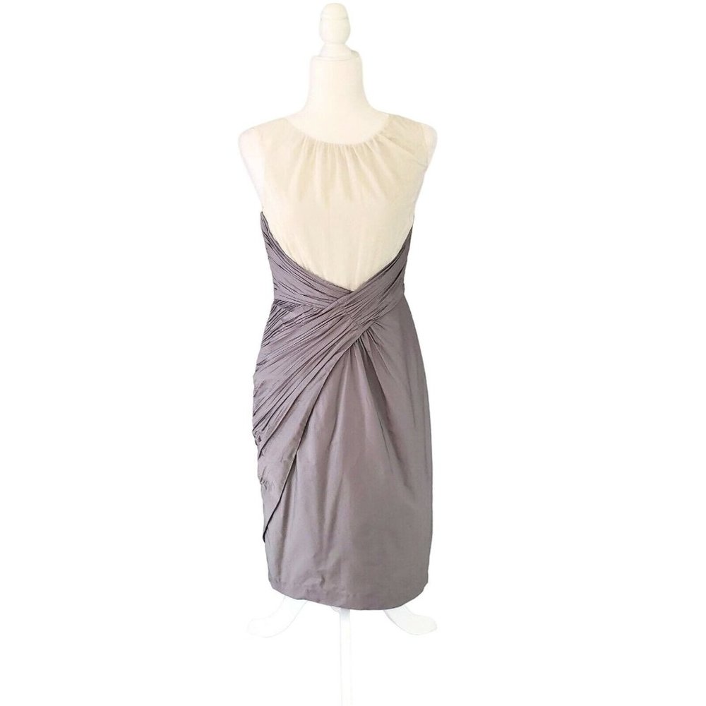 Hoss Intropia Mauve Ruched Knee Length Dress Ivory Lavender Bow Tie Size 2 or 34